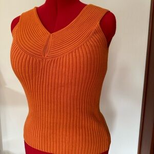 Vibrant Orange Ribbed Knit Sleeveless Blouse
